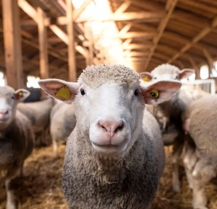 Sheep looking at camera in the wooden barn. In background group of sheep animals standing and eating on the farm.