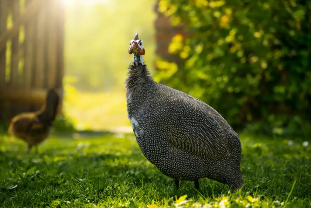 black guinea fowl grazing in a green field