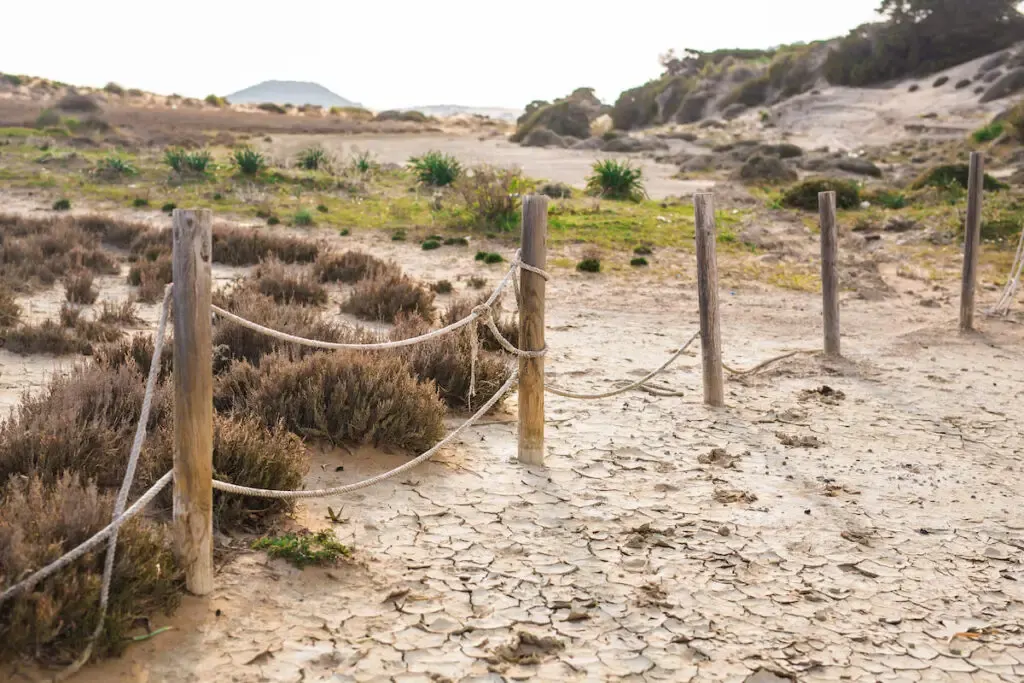 wooden post fence on a dried platform